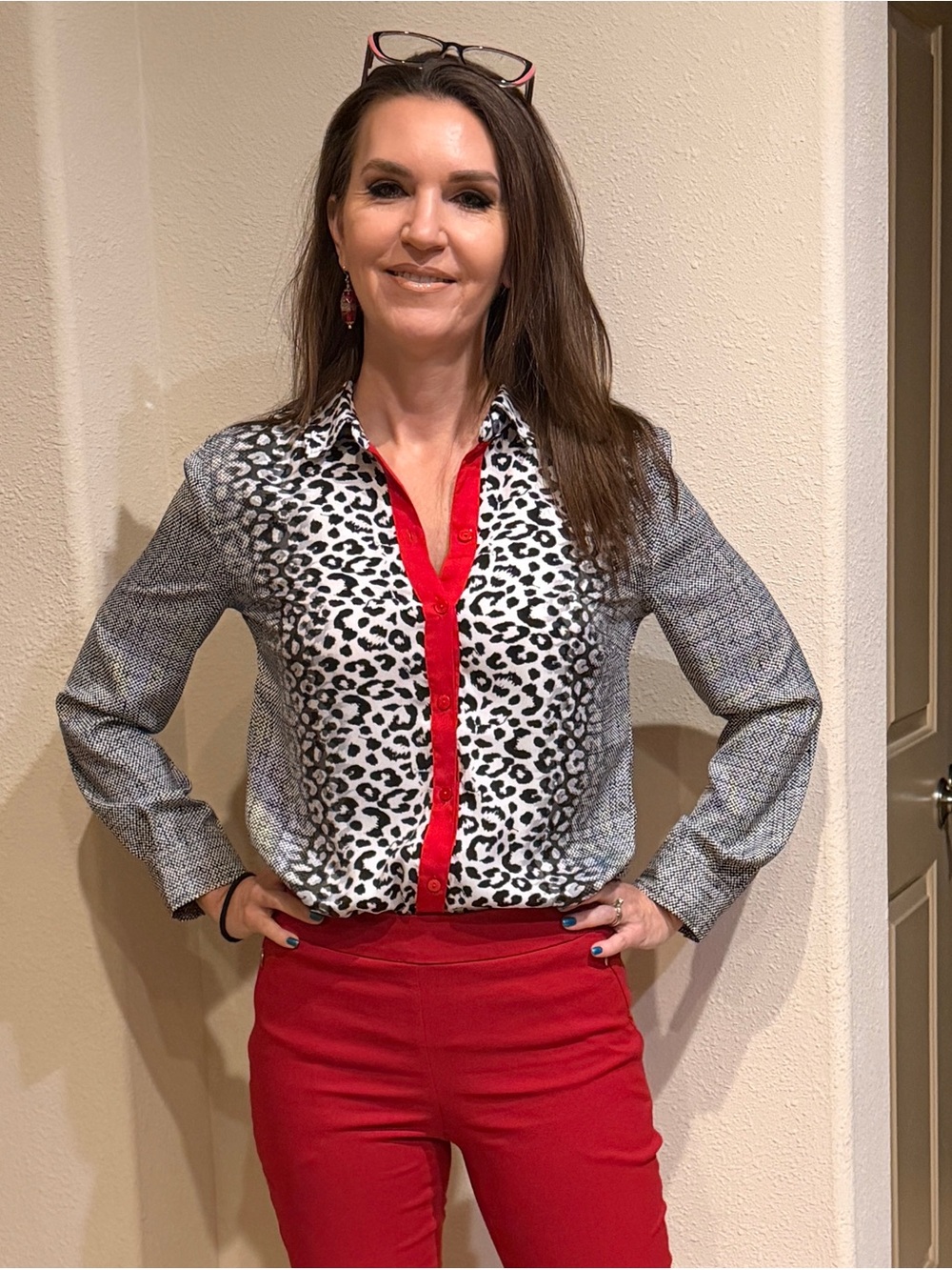 Black & White Leopard Print Shirt with Red Trim